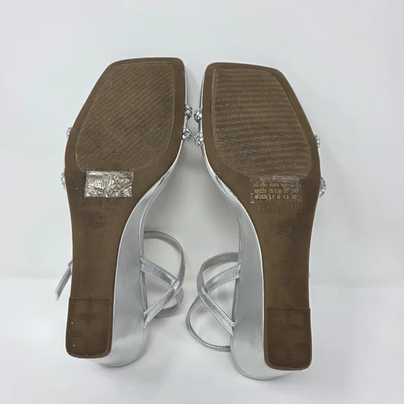 Womens Size 8.5 Silver Rhinestone Square Open Toe Strappy Wedge Sandals Elegant - Picture 8 of 10